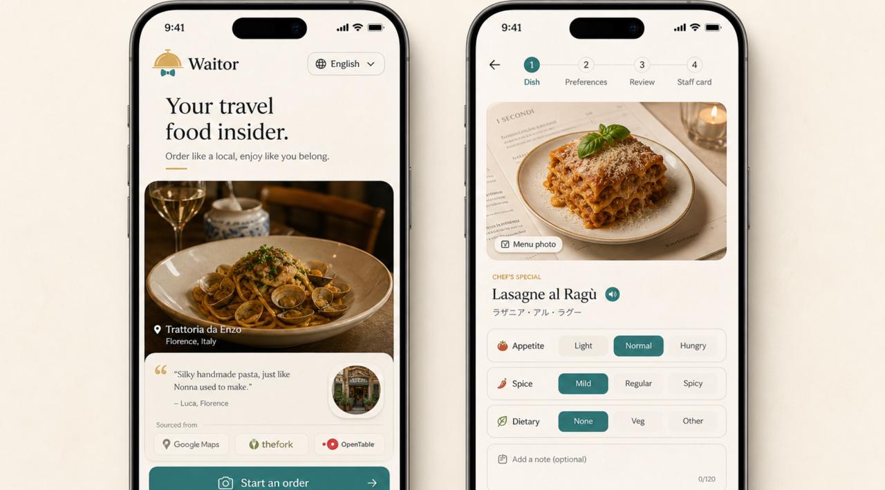Two Waitor app screens showing a restaurant order flow and dish preferences.