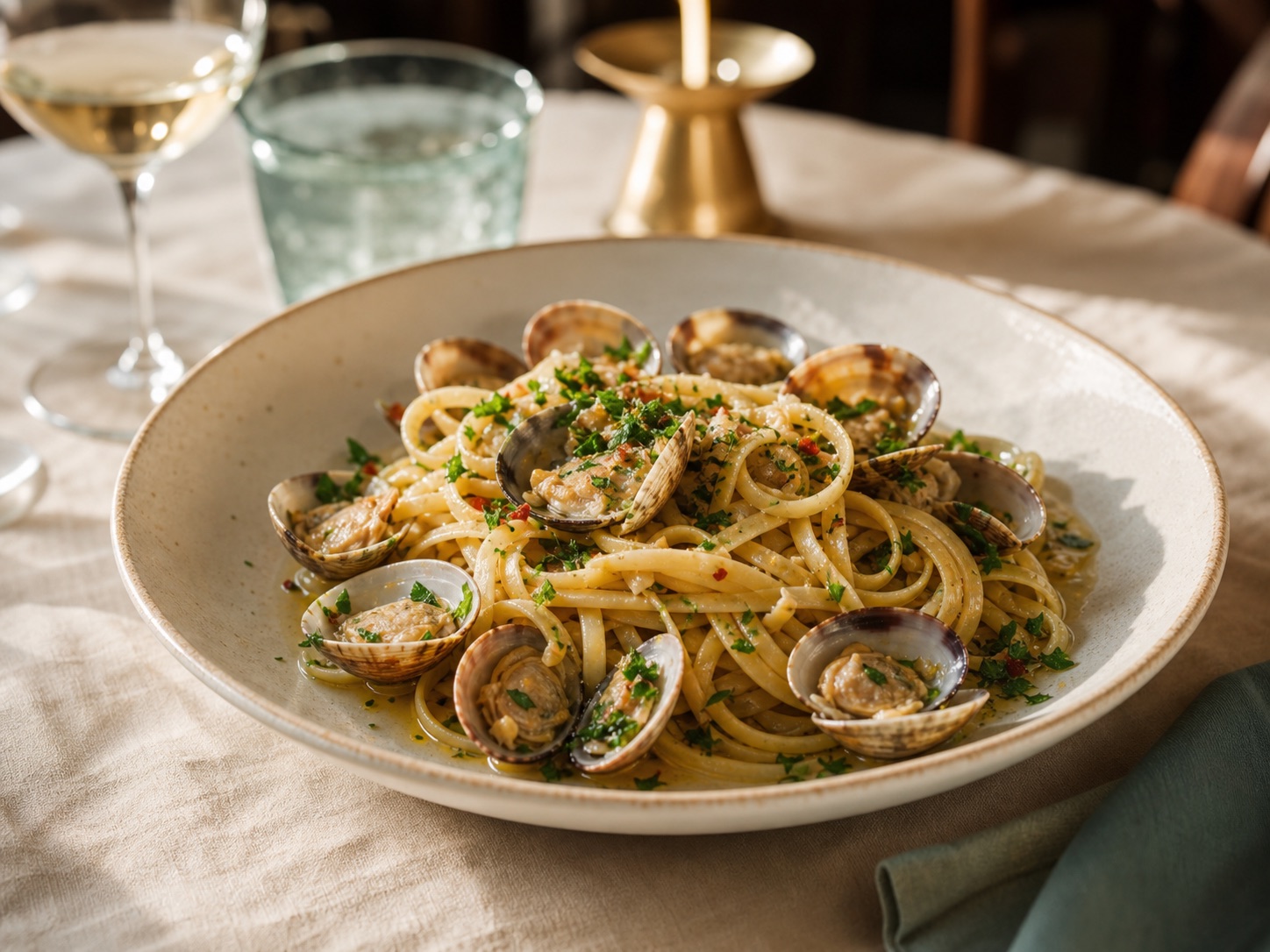 A pasta dish at a restaurant table.